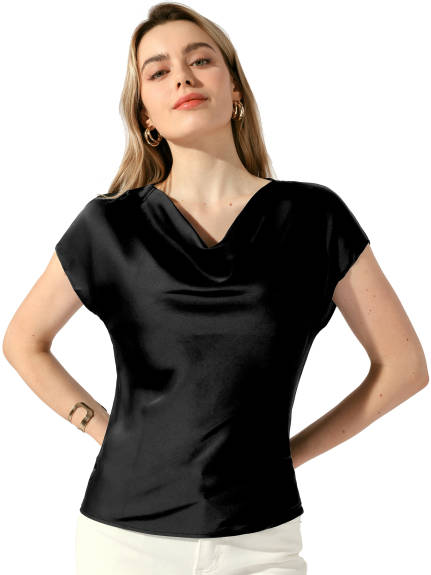 Allegra K - Cowl Neck Short Sleeve Satin Top