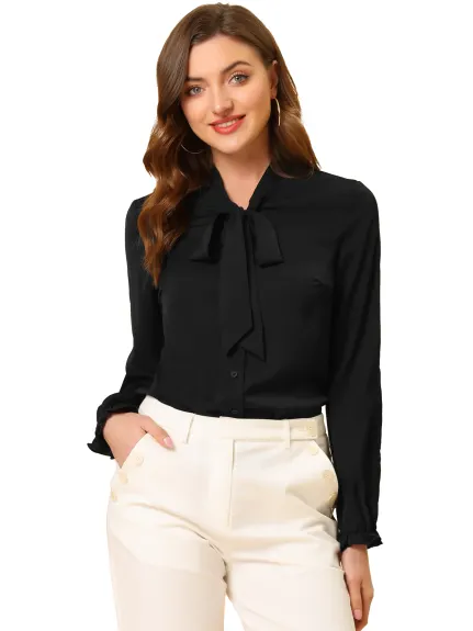 Allegra K - Elegant Bow Tie Neck Long Sleeve Shirt