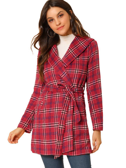 Allegra K- Plaid Shawl Collar Belted Wrap Coat