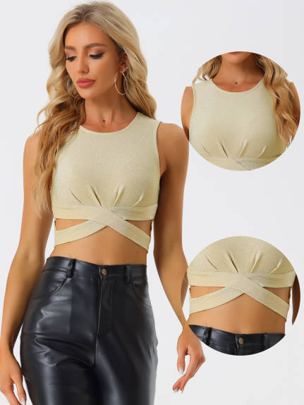 Allegra K- Glitter Sleeveless Round Neck Criss Cross Crop Top