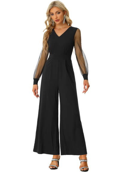 Allegra K - Mesh Long Sleeve V Neck Wide Leg Jumpsuit