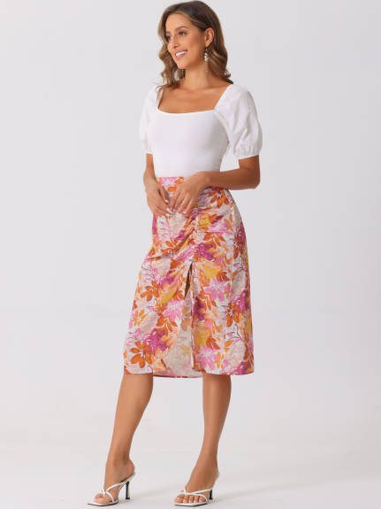 Allegra K- Flowy Ruched Front Floral Midi Skirt