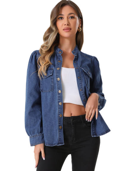 INSPIRE CHIC - Mock Neck Puff Long Sleeve Denim Shirt