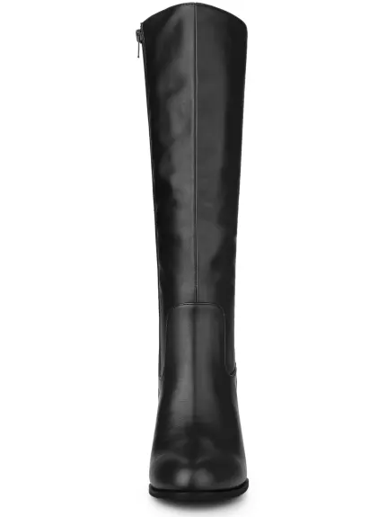 Allegra K- Round Toe Block Heel Faux Leather Knee Boots