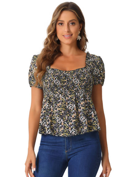 Allegra K- Floral Shirred Ruffle Peplum Top