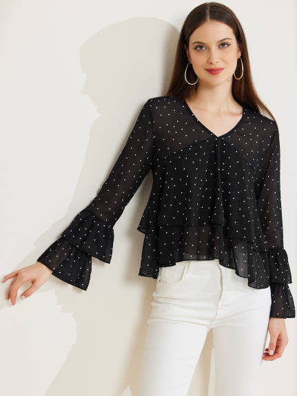 Allegra K - Polka Dots Ruffle Hem Long Sleeve Blouse