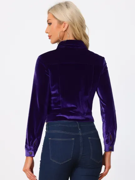 Allegra K - Velvet Button Up Cropped Casual Jacket