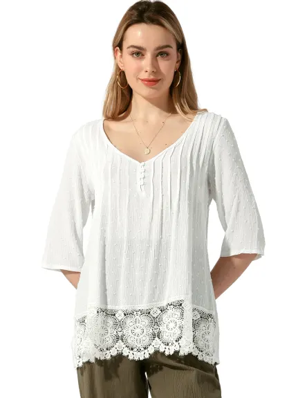 Allegra K - Lace V Neck Summer Lace Hem Top