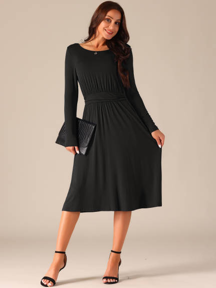 Allegra K - Long Sleeve Crewneck Midi Dress with Pockets