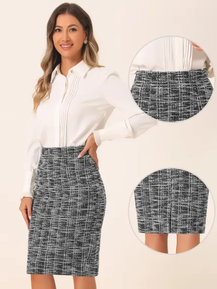 Allegra K - Tweed Plaid Slit Pencil Skirt