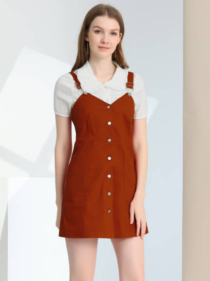 Allegra K- Button Down Adjustable Strap Pinafore Dress with Pockets