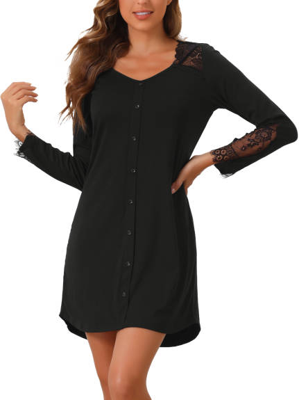 Cheibear - Lace Trim V-Neck Long Sleeve Nightgown