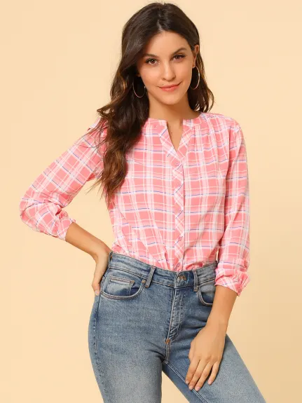 Allegra K- Plaid V Neck Long Sleeve Blouse Shirt