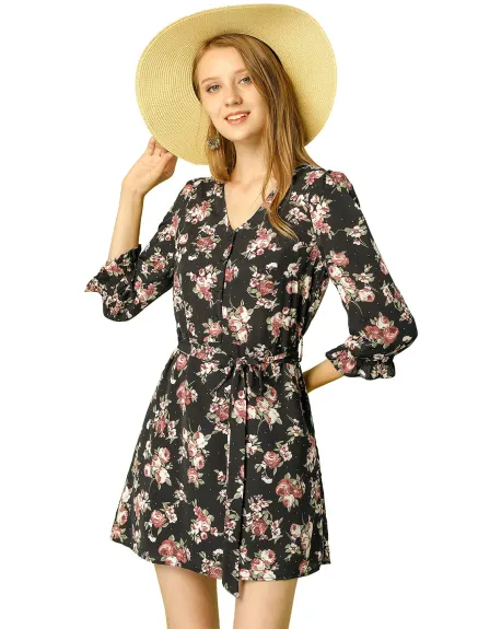 Allegra K- Floral Half Placket Belted 3/4 Sleeve Dress