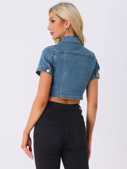 Allegra K- Short Sleeves Crop Denim Jean Jacket