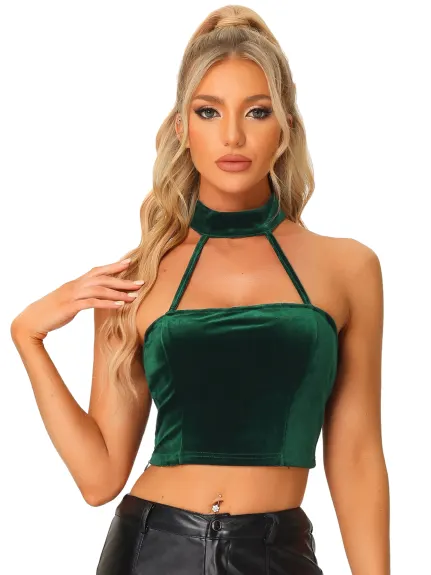 Allegra K- Velvet Halter Backless Cami Crop Top