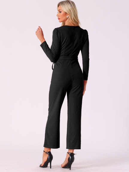 Allegra K - V Neck Long Sleeve Tie Waist Jumpsuit