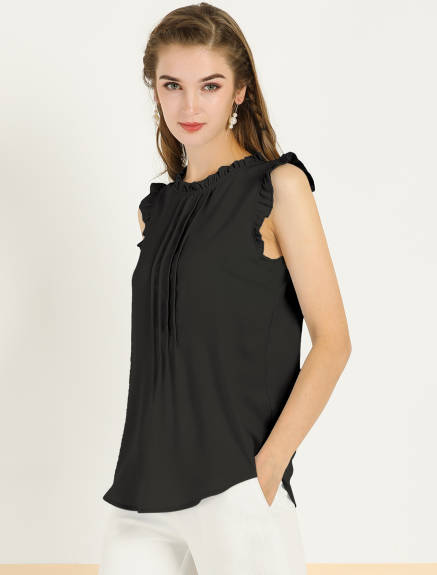 Allegra K- Ruffled Mandarin Collar Sleeveless Pleated Blouse