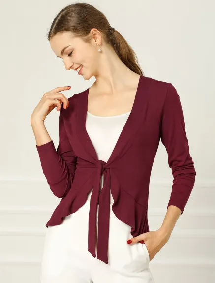 Allegra K- Tie Open Front Knit Ruffle Crop Cardigan