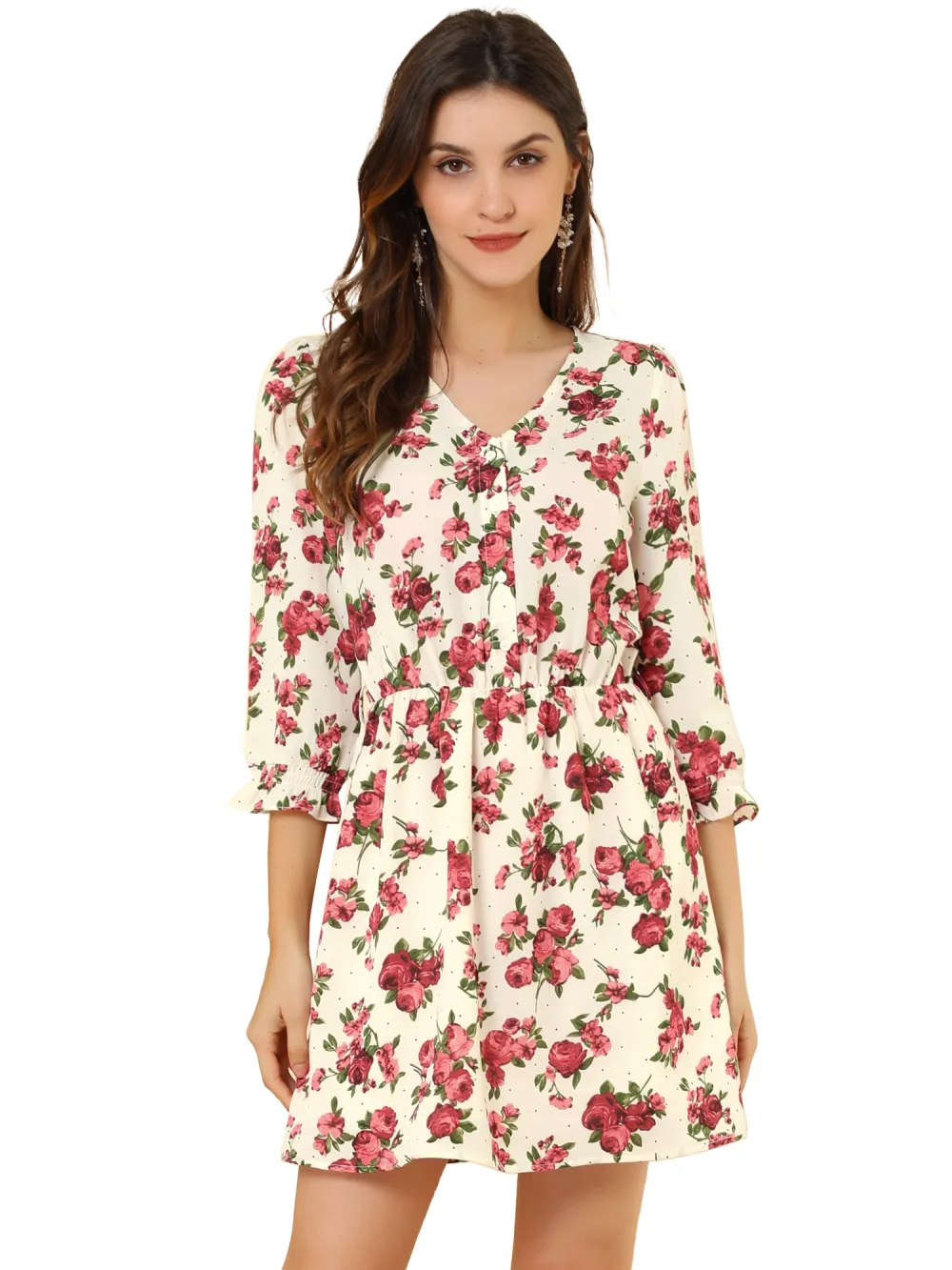 Allegra K- Floral Half Placket Belted 3/4 Sleeve Dress