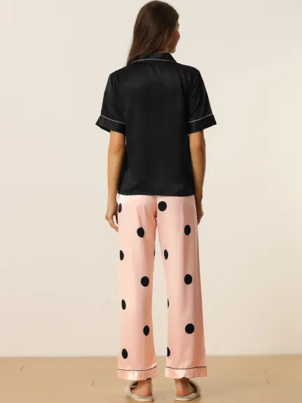 cheibear - Polka Dots Button Down Satin Sleepwear Set