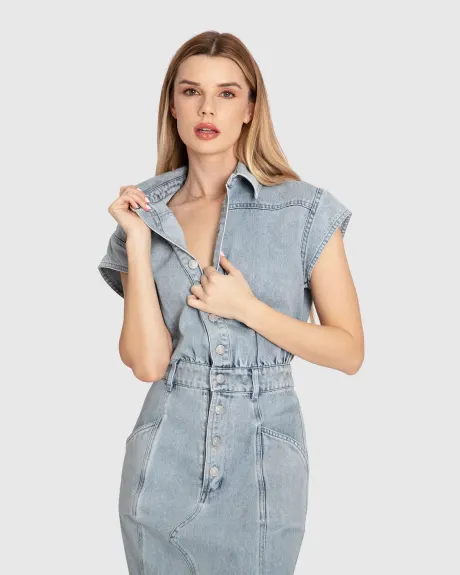 Robe chemise mi-longue en denim Sundown - Délavage à la pierre