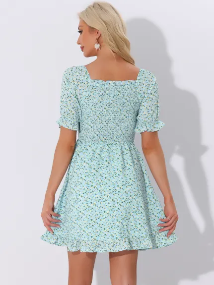 Allegra K- Puff Sleeve Square Neck Ruffled Hem Floral Smocked Dress