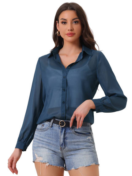 Allegra K- Button Up See Through Mesh Shirt