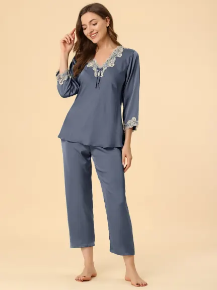 Allegra K - Lace Trim Solid Pajama Sets