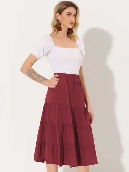 Allegra K- Elastic Waist Tiered A-Line Midi Skirt