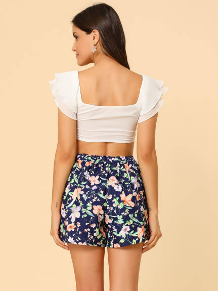 Allegra K- Summer Elastic Waist Beach Floral Shorts