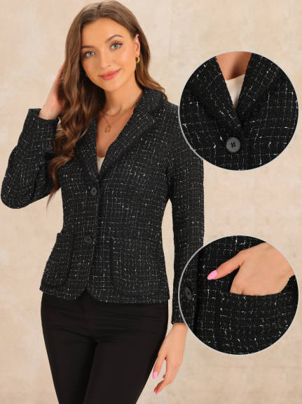 Allegra K- Plaid Tweed Notch Lapel Blazer Jackets