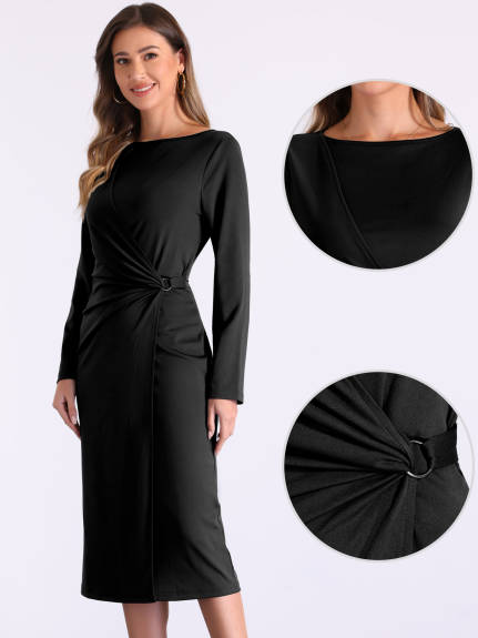 Allegra K - Long Sleeve Wrap Ruched Church Dress