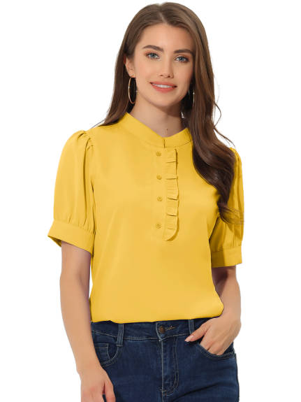 Allegra K - Puff Sleeve Chiffon Half Placket Top