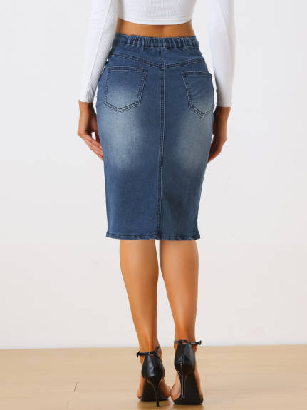 Allegra K- Elastic Waist Split Denim Pencil Skirt