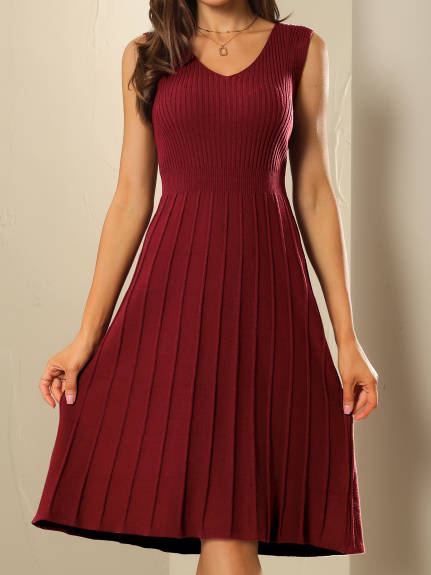 Hobemty- V Neck Knit Pleated Midi Dress