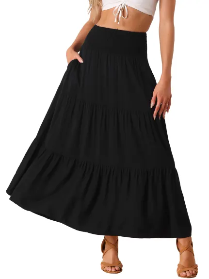 Allegra K- Elastic High Waist Boho Tiered Summer Maxi Skirt