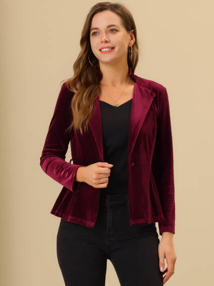 Allegra K- Velvet Belted Lapel Collar Blazer Jacket