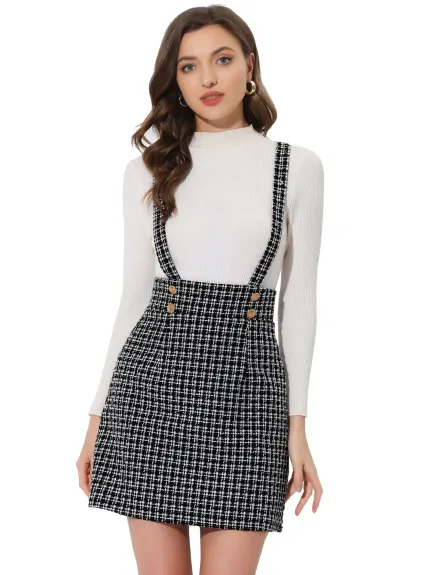 Allegra K- Plaid Tweed Adjustable Straps Overall Skirt