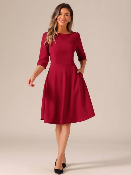 Allegra K - Boat Neck Short Sleeves Midi Office Dress