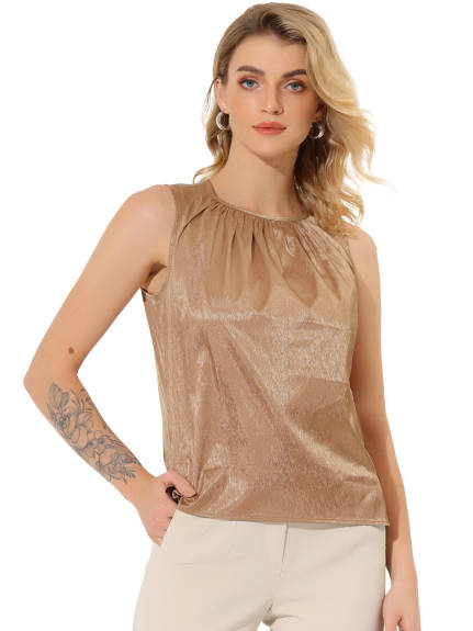 Allegra K - Satin Sleeveless Pleated Tank Top