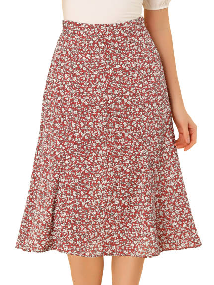 Allegra K- Elastic Waist A-Line Midi Leave Print Skirt