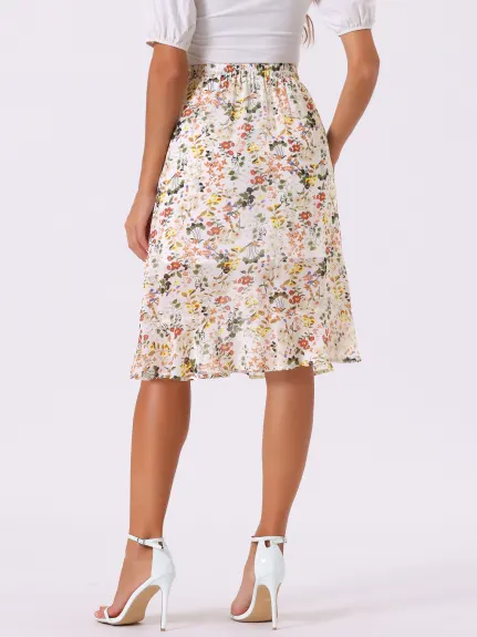 Allegra K- Floral Ruffle A-Line Split Midi Skirt