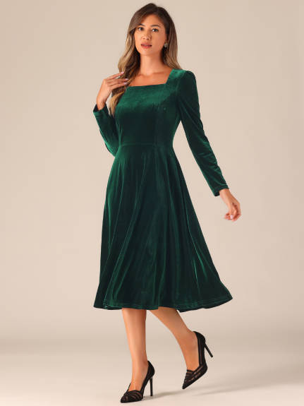 Allegra K - Square Neck Velvet Puff Sleeve Dress