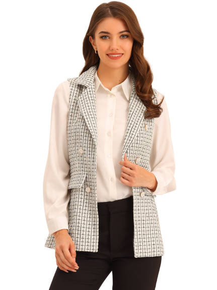 Allegra K- Plaid Tweed Lapel Open Front Blazer Vest