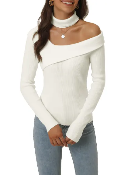 Allegra K- Long Sleeve V Neck Chocker Slim Fit Sweater Top