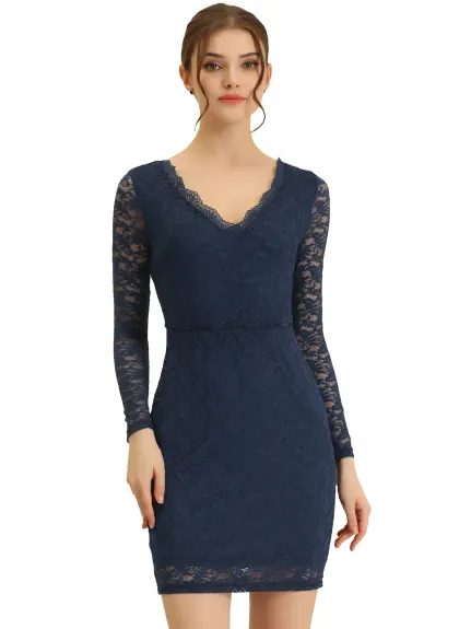 Allegra K- Lace Evening Pencil Long Sleeve Bodycon Mini Dress