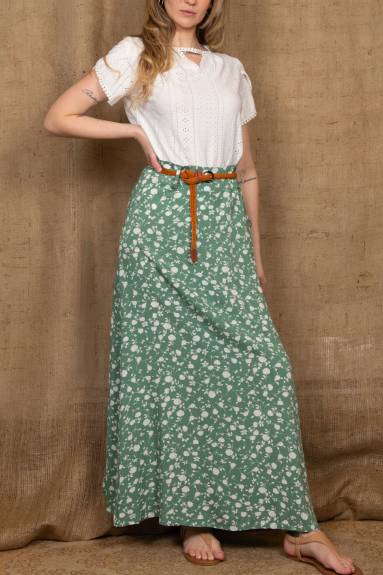 Annick - Serafina Long Maxi Skirt Flower Print Belt Included Green