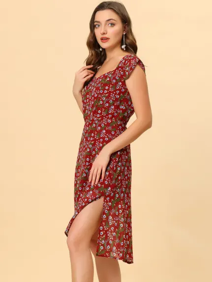 Allegra K- Smocked Sweetheart Cap Sleeve Cinched Floral Chiffon Midi Dress