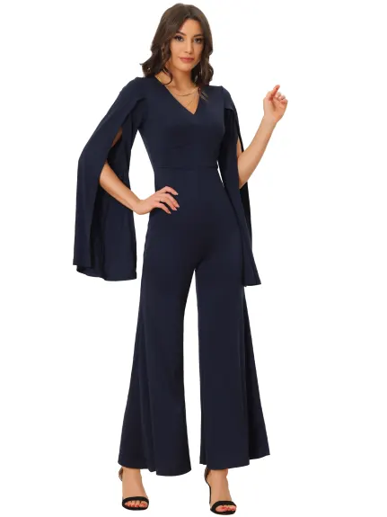 Allegra K - Slit Long Sleeve Wide Leg Jumpsuit